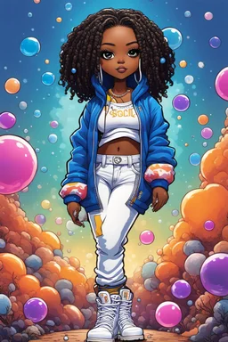 Create an colorful psychedelic comic book illustration of a chibi cartoon black female thick curvy wearing a cut of blue and white hoodie and white jeans and timberland boots. Prominent make up with long lashes and hazel eyes. Highly detailed shiny sister locs. Background of a large bubbles all around her