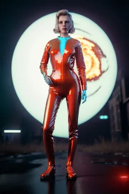 retro sci-fi portrait image from 1980, New York street explosions, fire, scared people, sweet young blonde woman walking, tight latex suit, soft color, highly detailed, unreal engine 5, ray tracing, RTX, lumen lighting, ultra detail, volumetric lighting, 3d, finely drawn, high definition, high resolution.