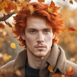 Autumn, fall man. Beautiful young man with red hair and autumn leaves in her hair