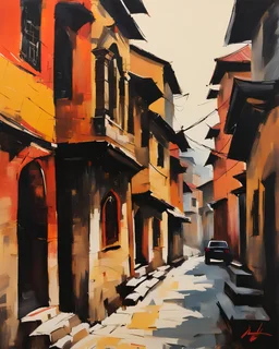 bustling medieval Kathmandu street, thick impasto painting, centered, minimalist, thick sparse brushstrokes, bold colors of orange, beige, yellow, red and black, sporadic tint ink leaks, perfect verticals, amazing parallels