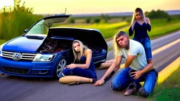 man and crying lady inside broken down jetta on side of the road