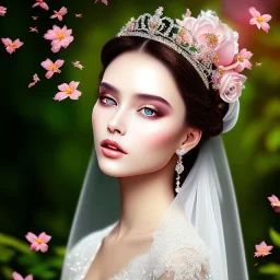 A beautiful veiled princess , beautiful portrait, flowery landscape