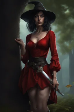 A young dark-haired witch in a red low-cut short skirt, standing under a tree, with a sword on her hip, glowing ball in her hand, photorealistic, delicate detail.