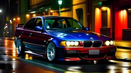 bmw m e46 1999 na tle ulicy z odbijającymi kolorowymi światłami