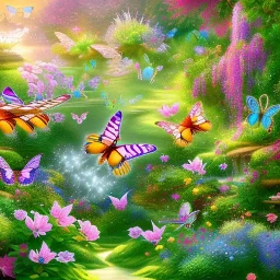 A world full of shimmering butterflies with spread out wings and light, graceful movement. This land is beautifully colored and surrounded by a picturesque landscape with trees, flowers, and singing birds. The butterflies are visible against the background of this peaceful, harmonious world.