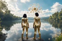 A skinny woman with black hair, in a gold and silver android suit, standing, looking out over a lake, with flying dandelion heads with octopus tentacles, with tall narrow cloud trees in the distance