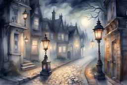 Prompt: a lantern glowing softly on a cobblestone street, mist swirling, with old Victorian houses lining the path, watercolor, mysterious, nocturnal