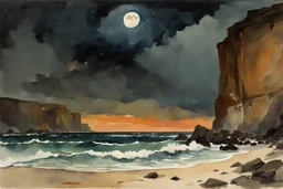 Night, rocks, cliffs, sci-fi, distant mountains, sea, waves, sand, seashore, epic, fantasy, winslow homer watercolor paintings