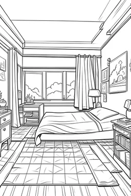 Outline art, simpl House interior design, bedroom, cartoon style, thick lines, low details, --ar 9:11