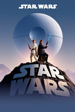 movie poster for Star Wars featuring luke and leia in iconic poses atop of a mound shaped as the words "STAR WARS", the death star in background