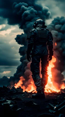 The dark sanctuary burning, gloomy clouds, in the background from the back epic stands a man in a combat suit. Cinematic style.