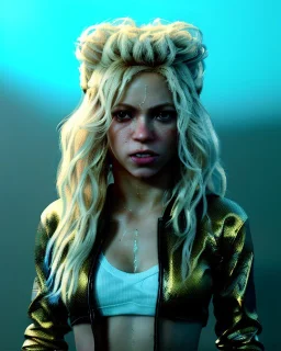 portrait, Shakira, blonde artist, angry, Realistic image, MMA robe, hoodie, mma gloves, loose long hair, fight pose, eyes, make-up, gold line make-up, moisture, sweat, fog, goddess, Neon colors, leds. Black background, photo studio, concept art, smooth, unreal engine 5, god lights, ray tracing, RTX, lumen lighting, ultra detail, volumetric lighting, 3d, finely drawn, high definition, 4k.