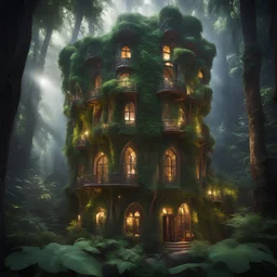 An enchanting view of a magical 'Hotel California' nestled in the heart of a lush, mystical forest. The ethereal architecture of the hotel features a harmonious blend of majestic towering tree trunks, leaf-canopied balconies, and windows glowing softly with ambient light. Each room has a unique symbol inscribed on the door, signifying the type of wish granted to occupants. A diverse group of guests can be seen wandering around, enthralled by the marvels unfolding before them. Above the treetops,