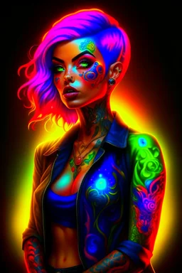 full body colorful tattooed portrait of a female model with colorful hair, Vibrant colors, Neon lighting, Intricate details, Digital painting, Artstation, glowing tattoos, Sharp focus, Illustration, art by audrey benjaminsen and lois van baarle and artgerm and mandy jurgens, Dystopian, cyberpunk