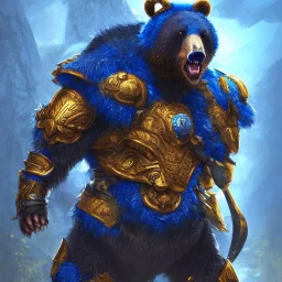 An angry bear warrior in blue and gold armor, background of Inka jungle, high detail, smooth, realistic, digital illustration, Artstation, artgerm,