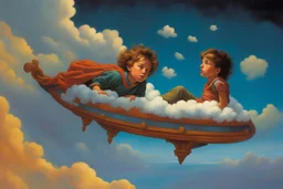 A child having a nightmare floating on a cloud painted by Michael Whelan. concept art, mid shot, intricately detailed, color depth, dramatic, 2/3 face angle, side light, colorful background