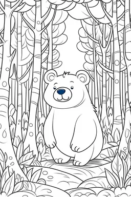 kids coloring page, bear in the woods, cartoon style, thick lines, low detail, no shading