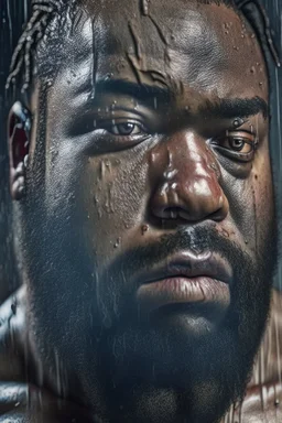 portrait 33 years old nigerian carpenter man hands behind the head , in an abandoned warehouse, serious, bearded burly chubby , serious eyes, under the shower, wet, dripping water, manly torso, photorealistic, 50mm photo, ambient occlusion , side view from the ground