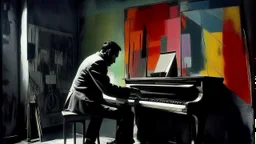 abstract painting, jazz pianist, Fragments of Forgotten all the sins in outskirts, use flat bright colors displayed art, Charcoal, Metallic Ink: merging into walls of shadow., refugees, conformity, Analogue film photo, , 1950s, candid, retro analog, 35mm film, film grain, minimalist