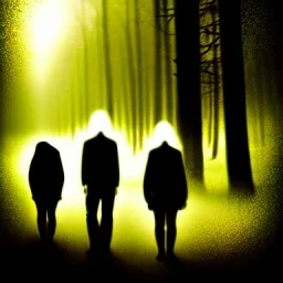 three figures, silhouettes, dark, foggy weather, night, forest, black, horror, art, evil, dark effect,