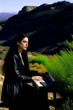 Diamanda Galas playing piano on a hillside