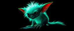 pen outline with some neon airbrush, glowing quickling gremlin in the shadows with long fluffy white fur, pin hole camera
