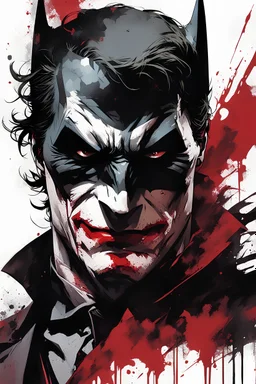 poster in two gradually, a one side half face Batman dark tones and other side half face Joker darkred tones, painting by Yoji Shinkawa,