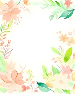floral border design, commonly used for stationery such as wedding invitations, greeting cards, or other announcements. The flowers have a watercolor style, giving them a soft and elegant appearance. The colors are a mix of pastel and vibrant shades, with pink, peach, and white being predominant, accompanied by green foliage. The design leaves a large blank space in the center, likely intended for text or additional design elements. This layout is typical for customizable templates where persona