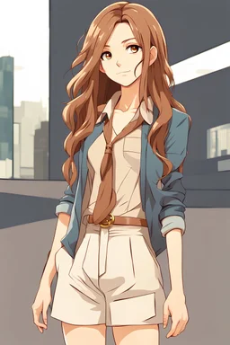 attractive anime woman with brown long hair, modern clothes, full body in frame