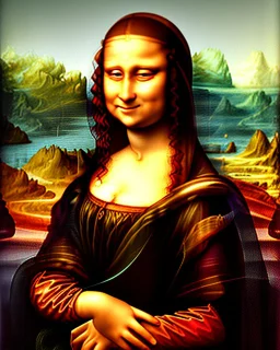 Mostrar La Monalisa de Leonardo Da Vinci, como un elfo futurista, fotorrealista, detalles intrincados, imágen completa, colores dinámicos, 8k