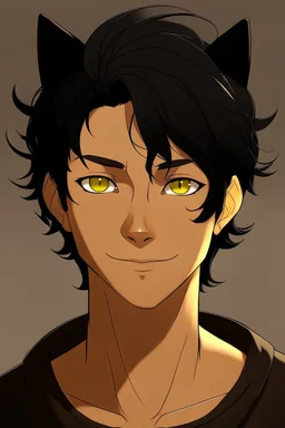 An adult male with messy black hair, gold eyes, large black cat ears, slight smile, tan skin