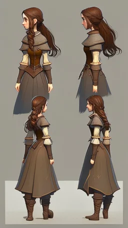 turnaround frontal view, side view and back view, character of a girl, realistic style, brown hair, she wears fantasy medieval clothes, she is slim, full body view