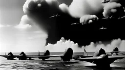 طائرات يابانية تقصف بيرل هاربر، مما أدى إلى دخول الولايات المتحدة الحرب العالمية الثانية.