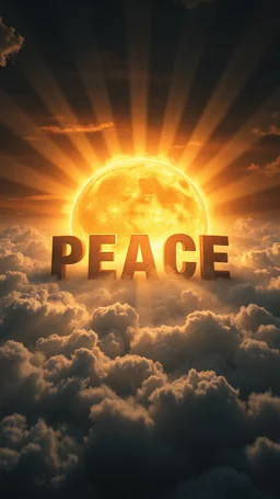 A huge ball of fire above swirling “ clouds, the word “ PEACE “ in 3D emerges from the heart of a raging storm. Turbulent winds of steam swirl around the sun lit by shafts of sunlight that cast dramatic shadows on the A beautiful sun , High quality 16k cinematic scene and great photography