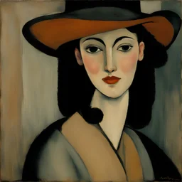 A woman in a hat painted by Amadeo Modigliana in loose brush strokes