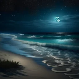 A tranquil beach at night, illuminated by a full moon and stars, with gentle waves lapping at the shore.