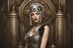 full body and headshot of a skinny Cleopatra, with a silver bob hairstyle, standing in a steampunk setting.