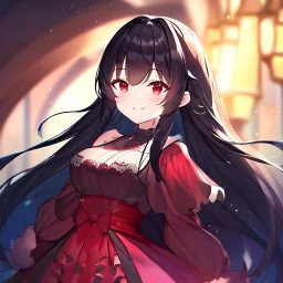 Clear focus, high resolution, black long fluffy hair, red eyes, wearing a cute outfit, kawaii