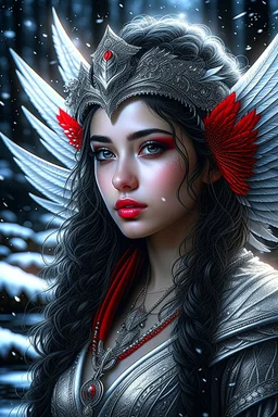 depth of field, photorealism, downlight, Magic camping site, beautiful angel, ornate dress uniform, casting spell water snow fly, black wavy hair, enchanted fantasy, cinematic composition, very detailed red machine components, one camera lens eye and shiny black hair, hazel green eyes, 24k, ornate, intricate, complex, digital painting, smooth, art by royo and tom bagshaw.