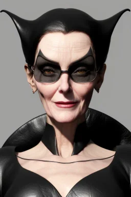 Carmen Dell`orifice as evil queen in black leather, leather, busty, cleavage, angry, stern look. character design by cory loftis, fenghua zhong, ryohei hase, ismail inceoglu and ruan jia. unreal engine 5, artistic lighting, highly detailed, photorealistic, fantasy