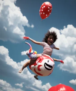 Ultra realistic speed clouds sky scene, wide angle view, child falling down with many Children background, inflatable monsters, circus dress style, feather color, free jumping flying, many trinkets, hair monster, many jelly beans, balls, color smoke, smile, happy, extreme, wind, clouds sea, 20,000 feet altitude, stratosphere, soft color, highly detailed, unreal engine 5, ray tracing, RTX, lumen lighting, ultra detail, volumetric lighting, 3d, finely drawn, high definition.