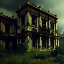 Abandoned baroque building, overgrown, statues, highly detailed, realistic, unreal engine, cinematic lighting, octane render.