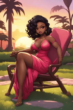 Against a background wash of golden sunset, a curvy chibi black female cartoon bombshell lounges on a lawn chair facing right. Her cascading black hair twists loosely halfway up, the rest falling around her shoulders. Dramatic makeup in sultry shades of brown and pink bring out her large, lined brown eyes. She sits sideways in a form-fitting red maxi dress, resting her rounded face on one hand as the other smooths the billowing fabric over her ample hips.