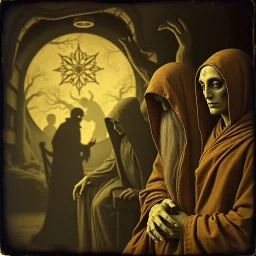 Daguerrotype close up some mysterious figures, odd background, open, Hieronymus Bosch Max Ernst ambient light, by Minicavio Quollati and Marlost Endgulp, Amano, Botticelli, Alphonse Mucha