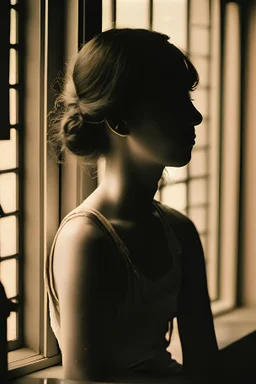 a young woman who is sitting alone and lost in thought. The fading daylight from a nearby window gives her face a nostalgic appearance, in the style of Diane Arbus. Her downcast eyes suggest that she is posing for a camera but hesitant to reveal her private worries.surroundings are sparsely furnished, arranged in a surrealistic style reminiscent of Salvador Dali's surrealism made realistic by Arbus' realism, & Vargas' glamour