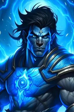 Generate a dungeons and dragons character portrait of a triton cleric. He has the tempest domain, some lighnings spreading our of his middle. He has white darkblue heavy armor. Also he has black hair and darkblue skin. His eyes are glowing blue. He is wearing a tapal as a weapon