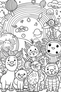 HAPPY NEW YEAR coloring page for kids, Sunrise on New Year’s Day with joyful creatures, thick outline, low details, no shading, no color