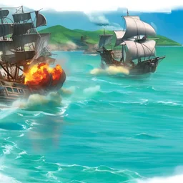 Two pirate ships fight each other at sea. Firing cannons. One ship is hit and burns after being hit.