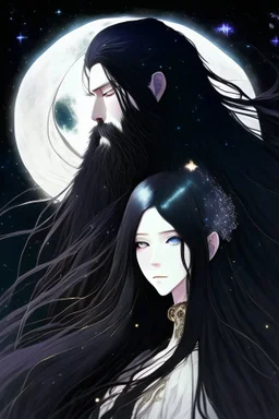 Celestial anime woman, long black hair, with bearded man