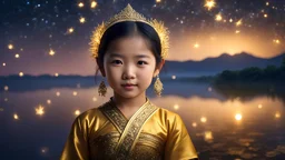 little very young Thai girl, beautiful, peaceful, gentle, confident, calm, wise, happy, facing camera, head and shoulders, traditional Thai costume, perfect eyes, exquisite composition, night scene, fireflies, stars, Thai landscape, beautiful intricate insanely detailed octane render, 8k artistic photography, photorealistic concept art, soft natural volumetric cinematic perfect light, chiaroscuro, award-winning photograph, masterpiece, Raphael, Bouguereau, Alma-Tadema